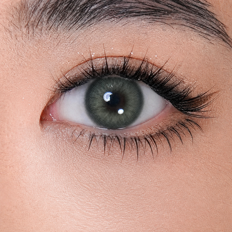 FreshGo Iris Forest Green coloured contact lens worn on eye