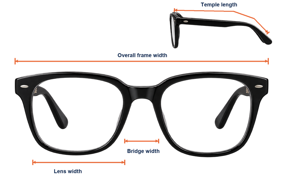 Plastic or acetate full-rim frame measurement diagram showing overall frame width, one-lens width, bridge width and the full curved temple length.