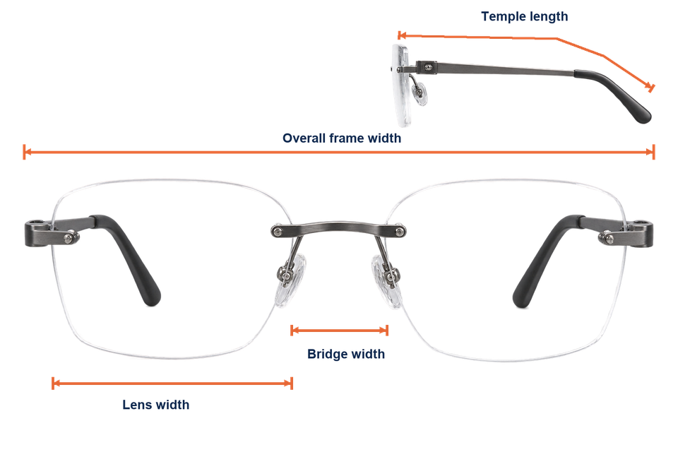 Rimless frame measurement diagram showing overall frame width, one-lens width, bridge width and the full curved temple length.