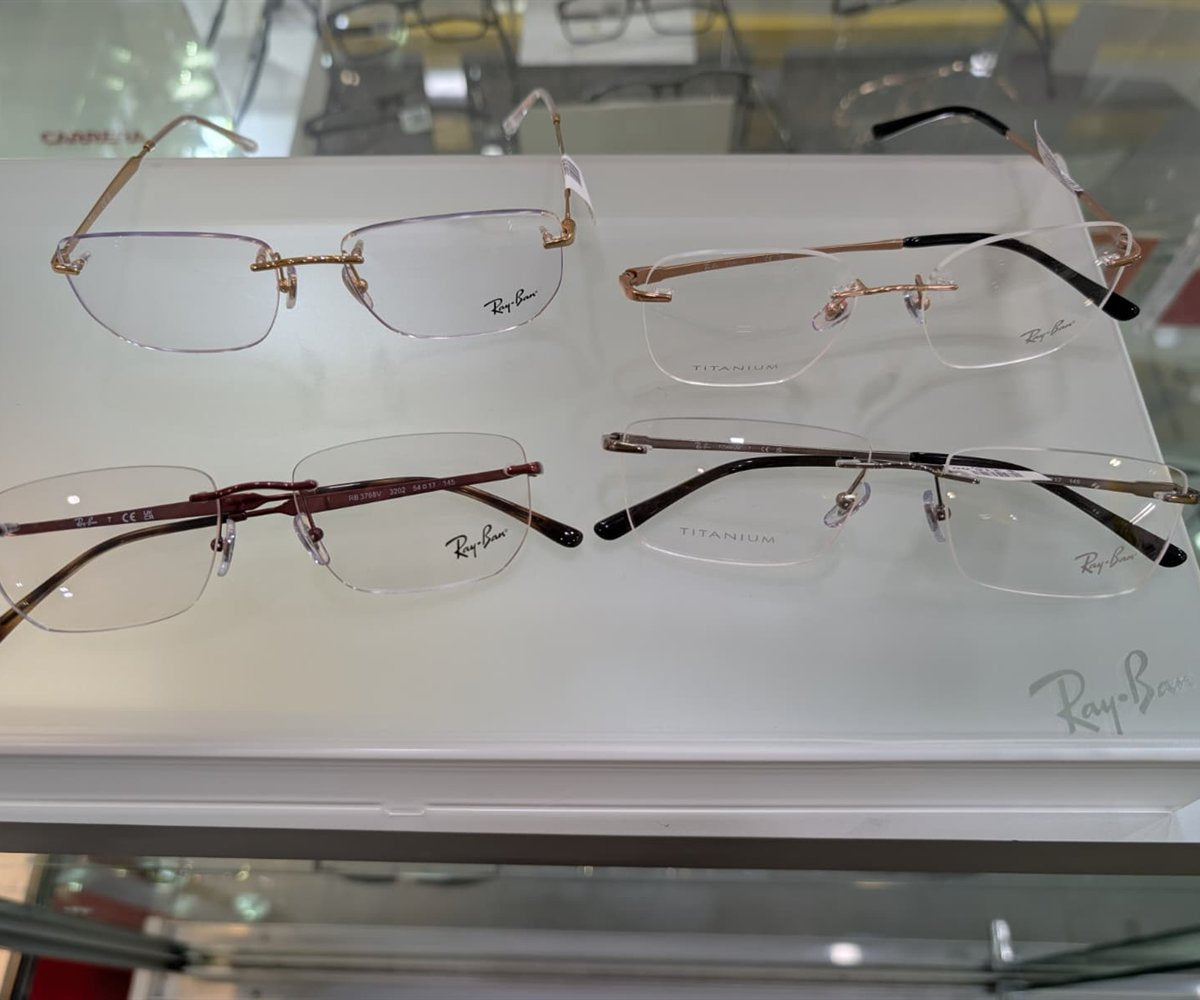 Ray-Ban titanium rimless frames displayed at City Optics