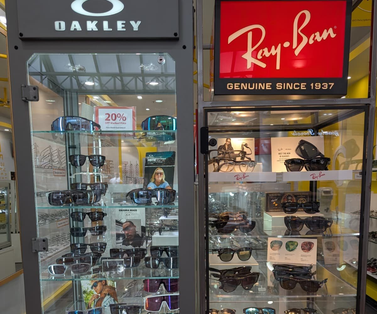 Oakley and Ray-Ban sunglasses displayed at City Optics
