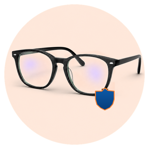 Dark optical frame with blue-violet lens reflections and a small navy shield outlined in orange