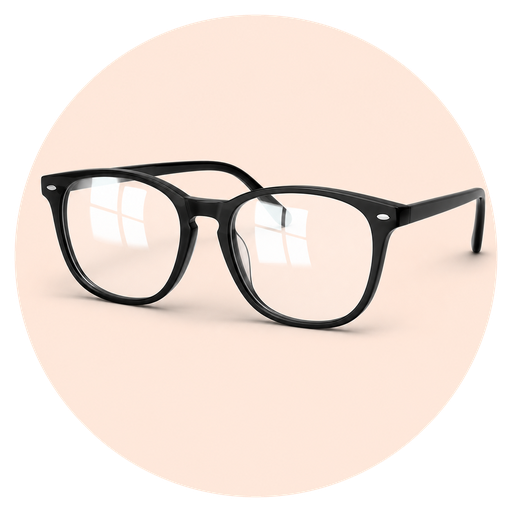 Dark optical frame with clear lenses and strong white window reflections