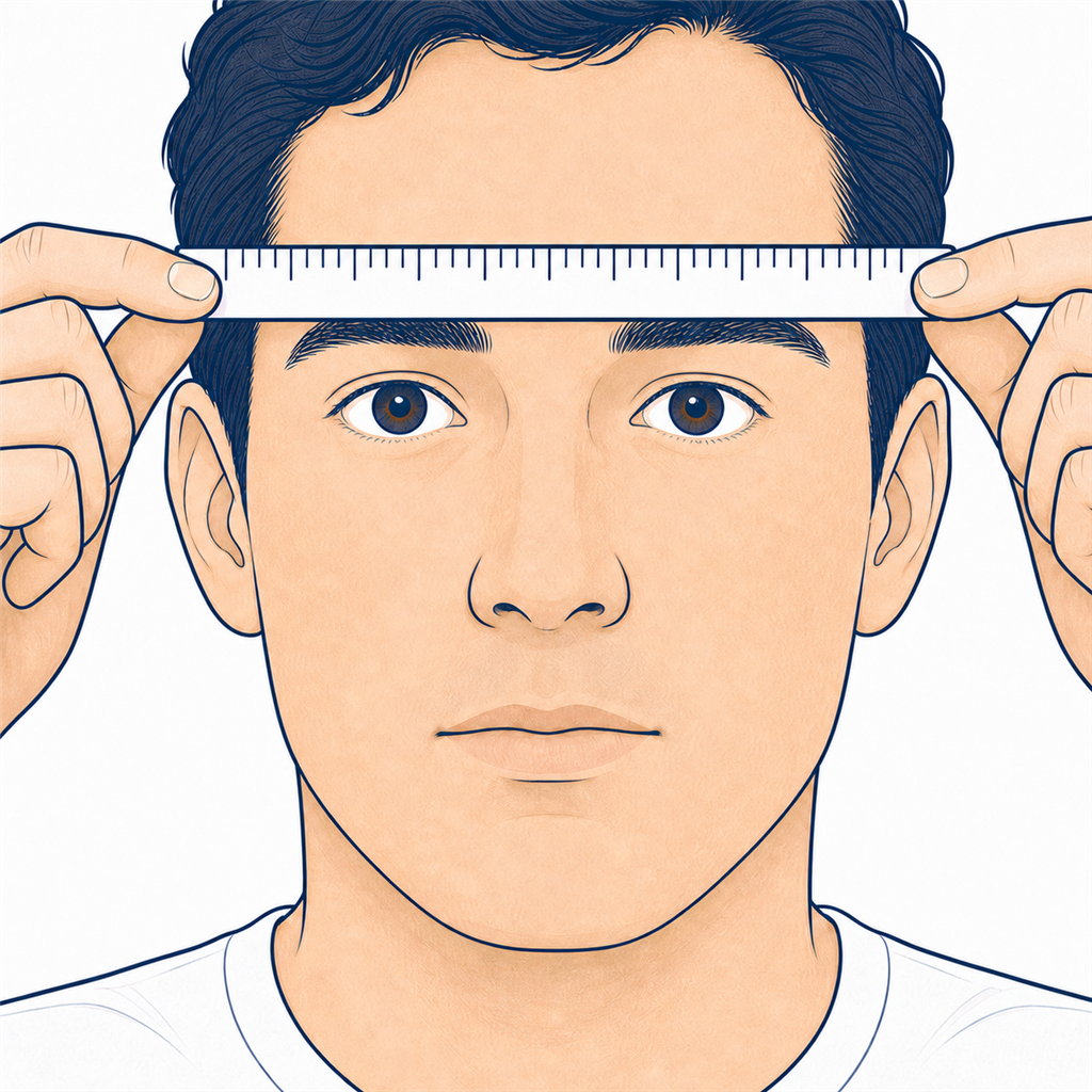 Person facing a mirror with a millimetre ruler held level against the brow