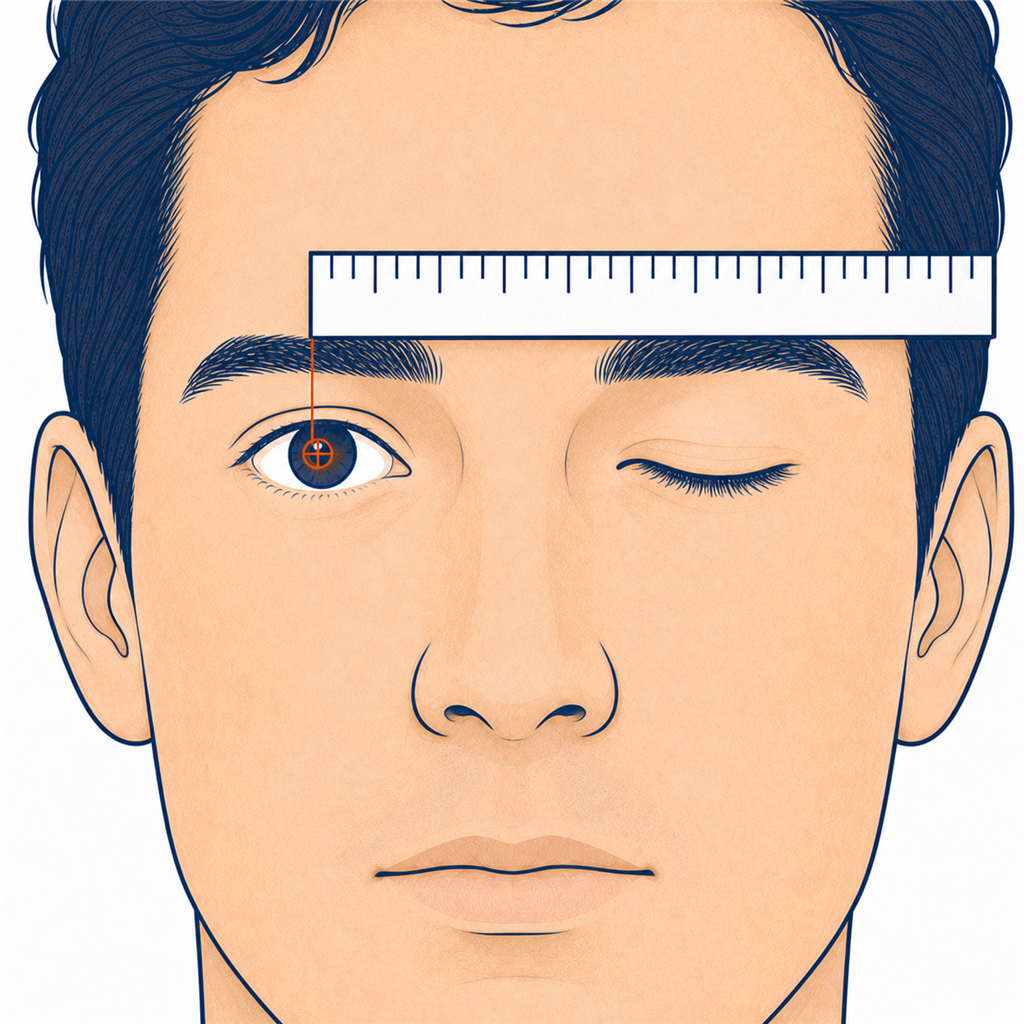 Zero mark on a brow-level ruler aligned vertically with the centre of the left pupil