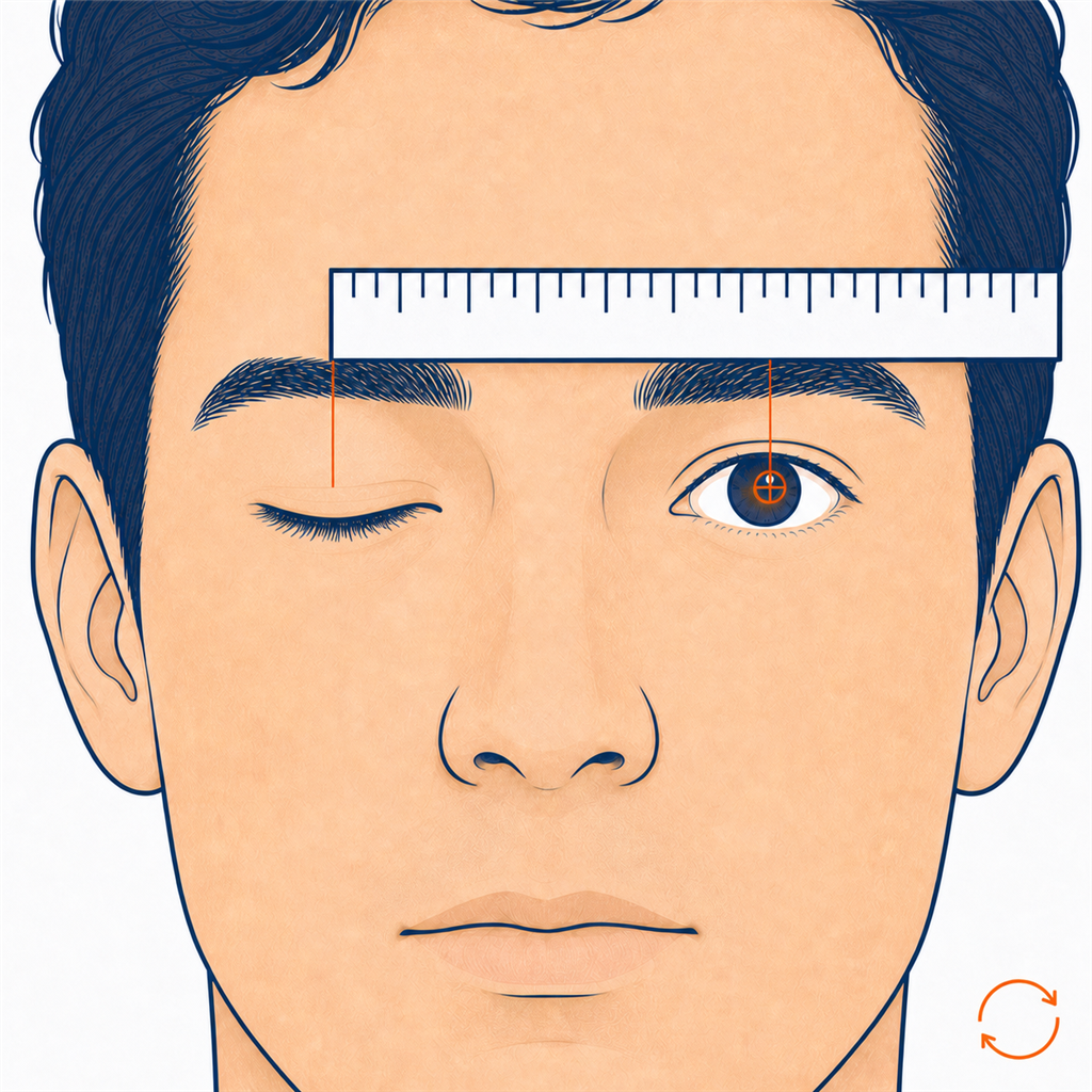 Final ruler measurement aligned vertically with the centre of the right pupil