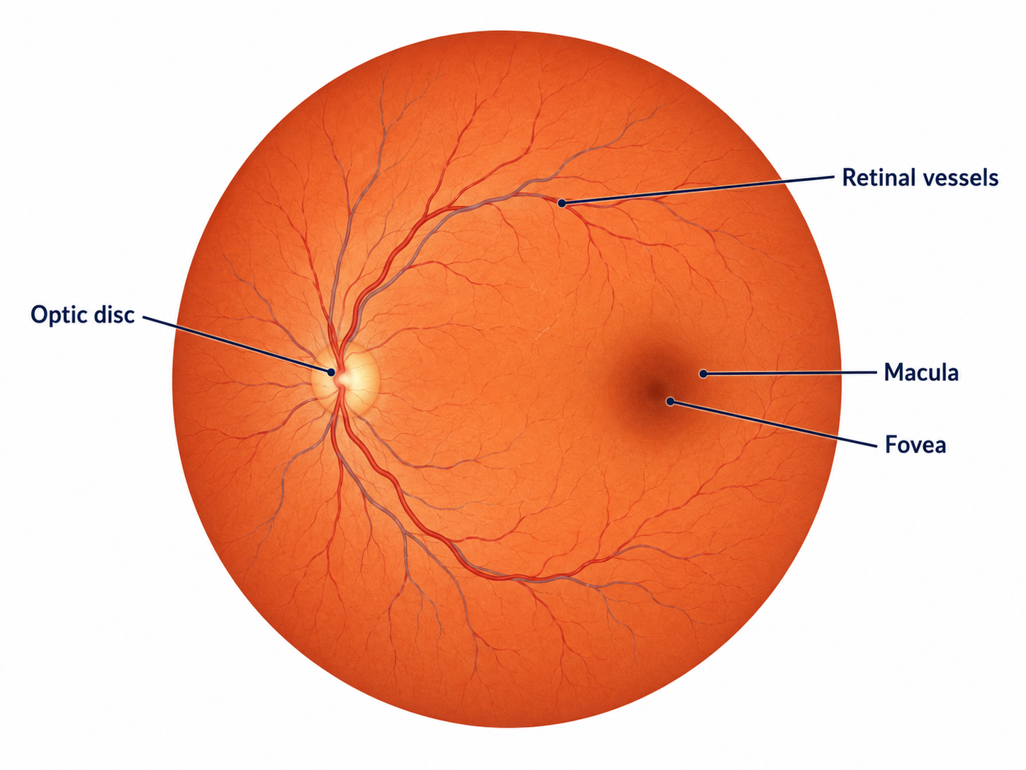 Educational illustration identifying the optic disc, retinal blood vessels, macula and fovea