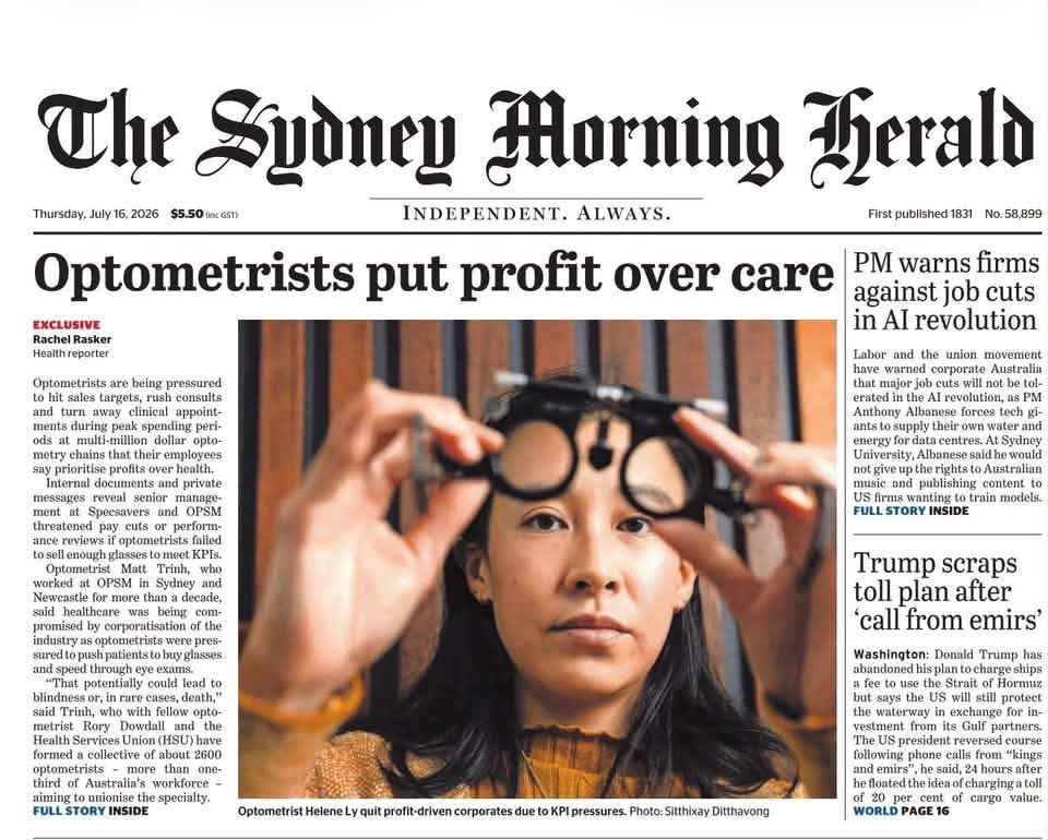 Sydney Morning Herald report about concerns raised regarding corporate optometry