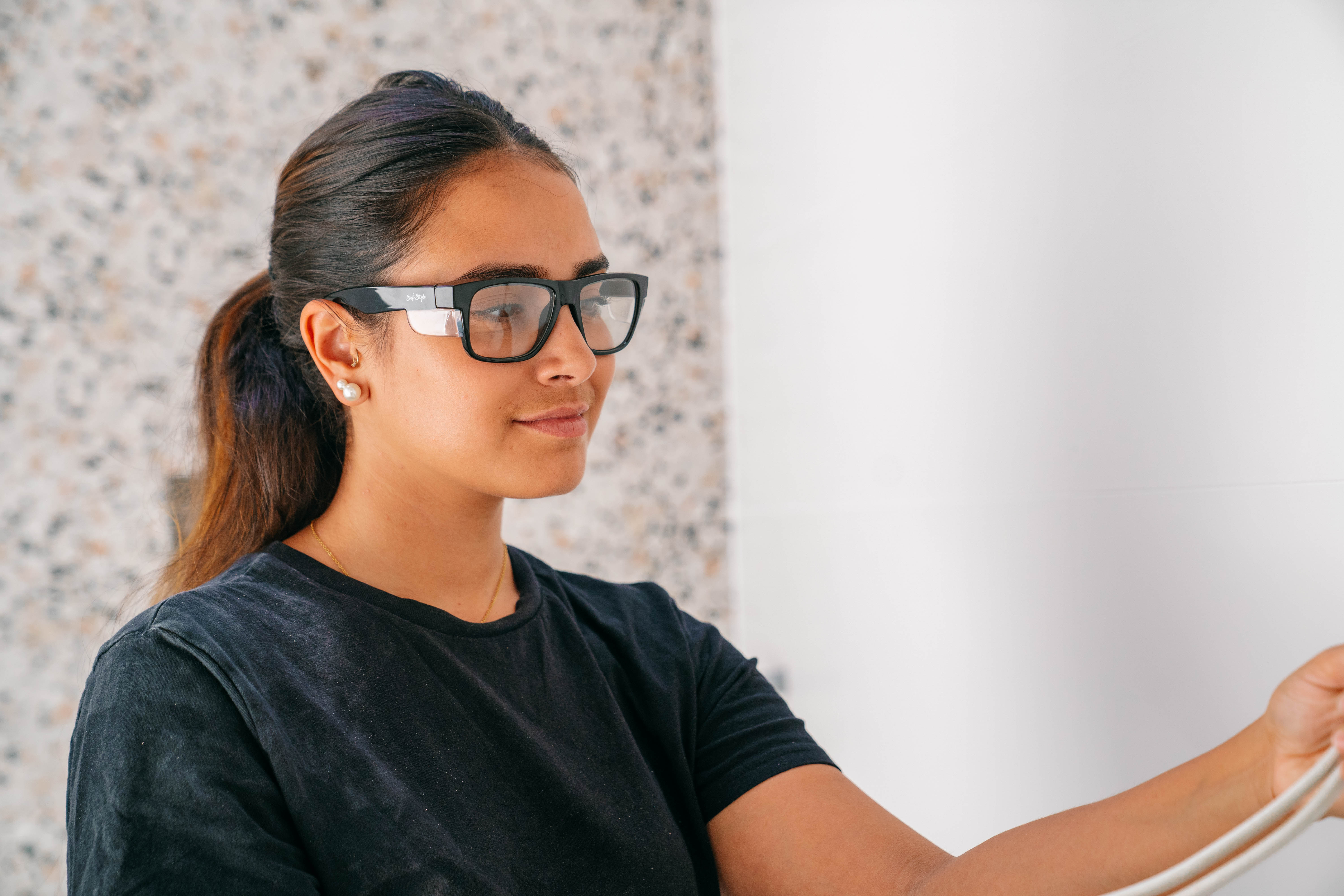 SafeStyle Classics prescription safety frame worn on a face, showing frame scale